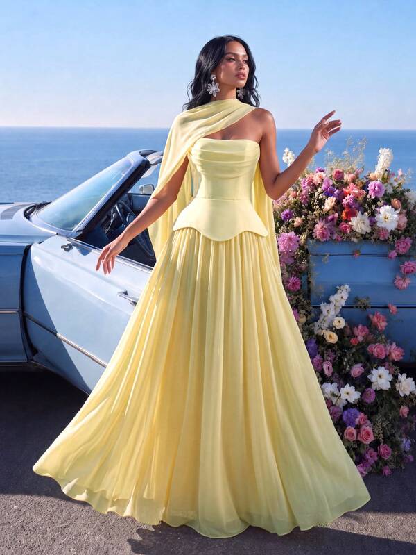 UNITHORSE Women's Elegant Sleeveless Strapless Chiffon Maxi Formal Dress