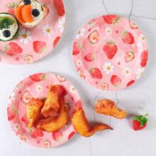 7/9 Inch Strawberry Series Printed Disposable Paper Plates, Floral Strawberry Disposable Party Plates, Party Decorations, Disposable Party Supplies, Birthday Party, Gift Party, Celebration Disposable Tableware - Watercolor Flower Strawberry - View 5
