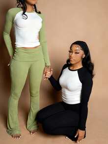 DOUCIU Women's Casual Long Sleeve Raglan Top & Flare Pants 2 Pieces Set, Mid-Stretch - Black - View 5