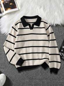 Boys' & Teens' Fashion College Striped Small Collar Pullover Sweater, Spring/Autumn/Winter, Halloween - Apricot - View 1