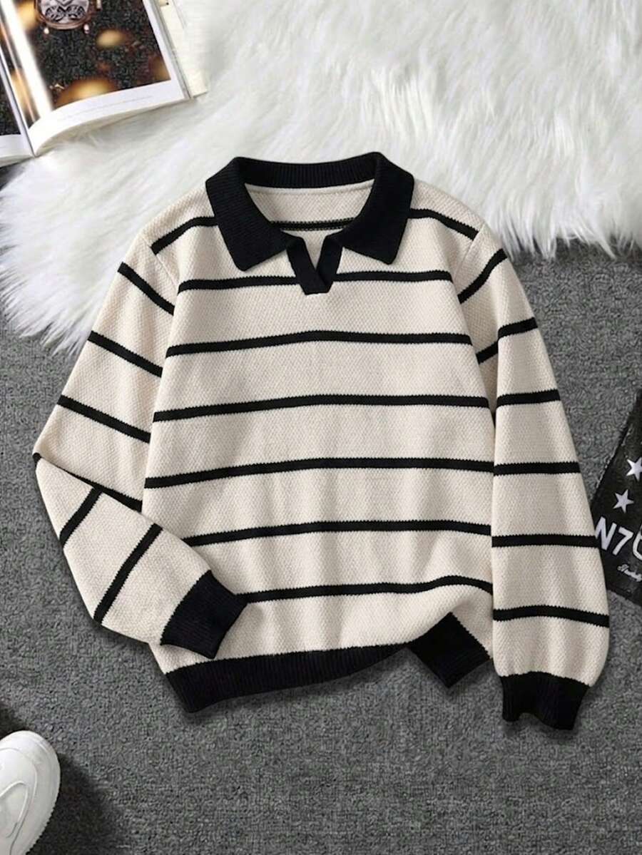 Boys' & Teens' Fashion College Striped Small Collar Pullover Sweater, Spring/Autumn/Winter, Halloween - Apricot - View 1