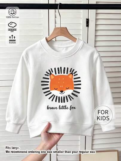 Children's Crew Neck Sweatshirt, Brave Little Fox Cartoon Fox Head & Rising Sun Print, Soft Cotton Pullover