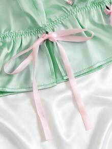 2pcs Women's Pajama Set, Adjustable Strap Deep V-Neck Top With Bow Decor, Lace Hollow Design Waist Shorts, Comfortable Loungewear - Green - View 5