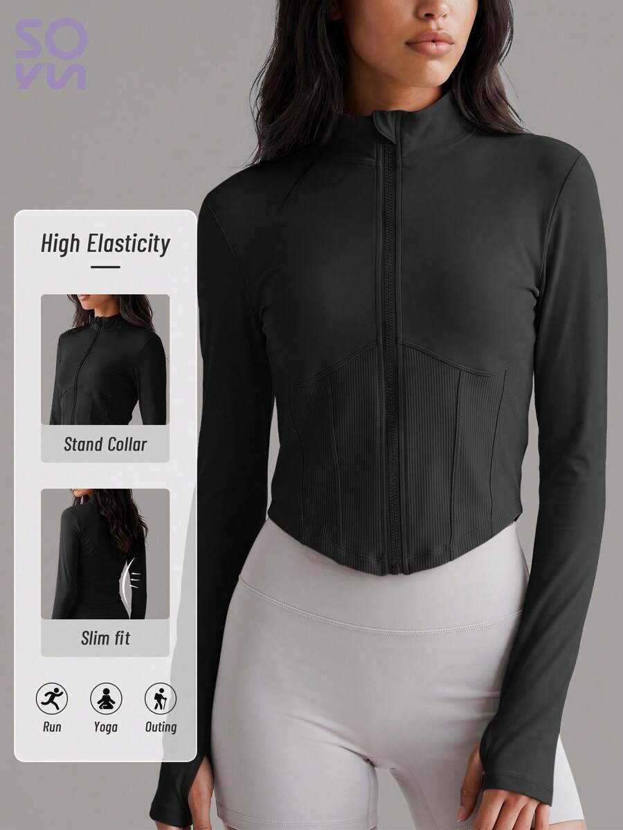 Soyun New Spring/Autumn Stand Collar Sports Jacket, Thumb Hole Mermaid Line Design, Suitable For Outdoor Activities And Casual Wear - Black - View 1