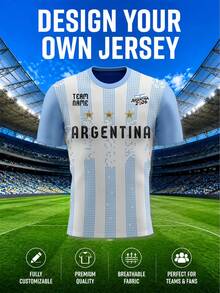 1pc Argentina Theme Football T-Shirt: White & Blue, Custom Service - Add Your Name, Favorite Number & Unique Design Elements. Best Gift. Sports - Blue and White - View 2