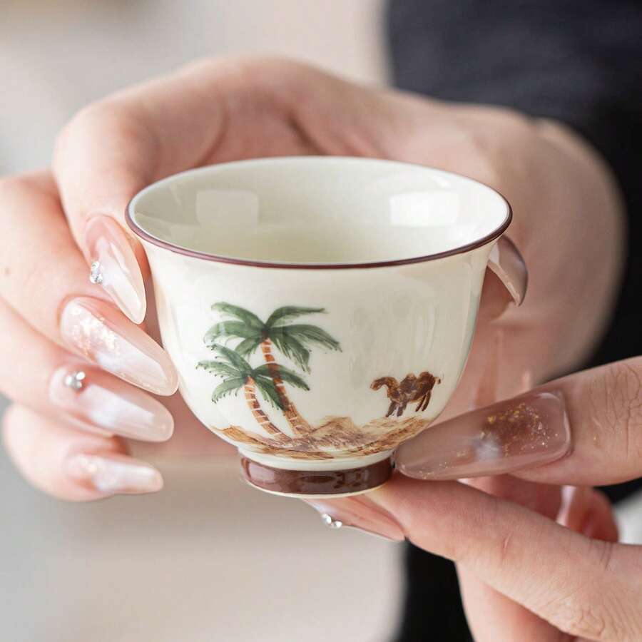 1/2/4/6pcs Ceramic Tea Cups, Beige Handmade Painted Coconut Tree & Camel Pattern Tea Cups, Arabic Tea Cups, Coffee Cups, Water Cups, Suitable For Home Tea Drinking, Water Drinking, Family Gatherings And Friends Parties, Also A Great Gift