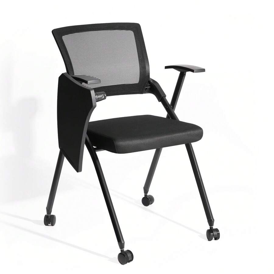 Ergonomic Mesh Office Chair, Foldable Training Chair With Armrests - Black - With Tabletop and Wheels - View 1