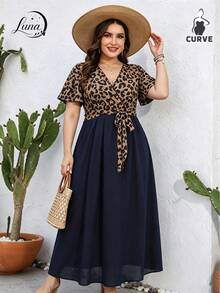 Vestido feminino,Vestidos Elegantes para Mujer talla grande con estampado de leopardo, cuello en V, cintura alta,para vacaciones en la playa, reuniones informales y citas - Marrón - Ver 3