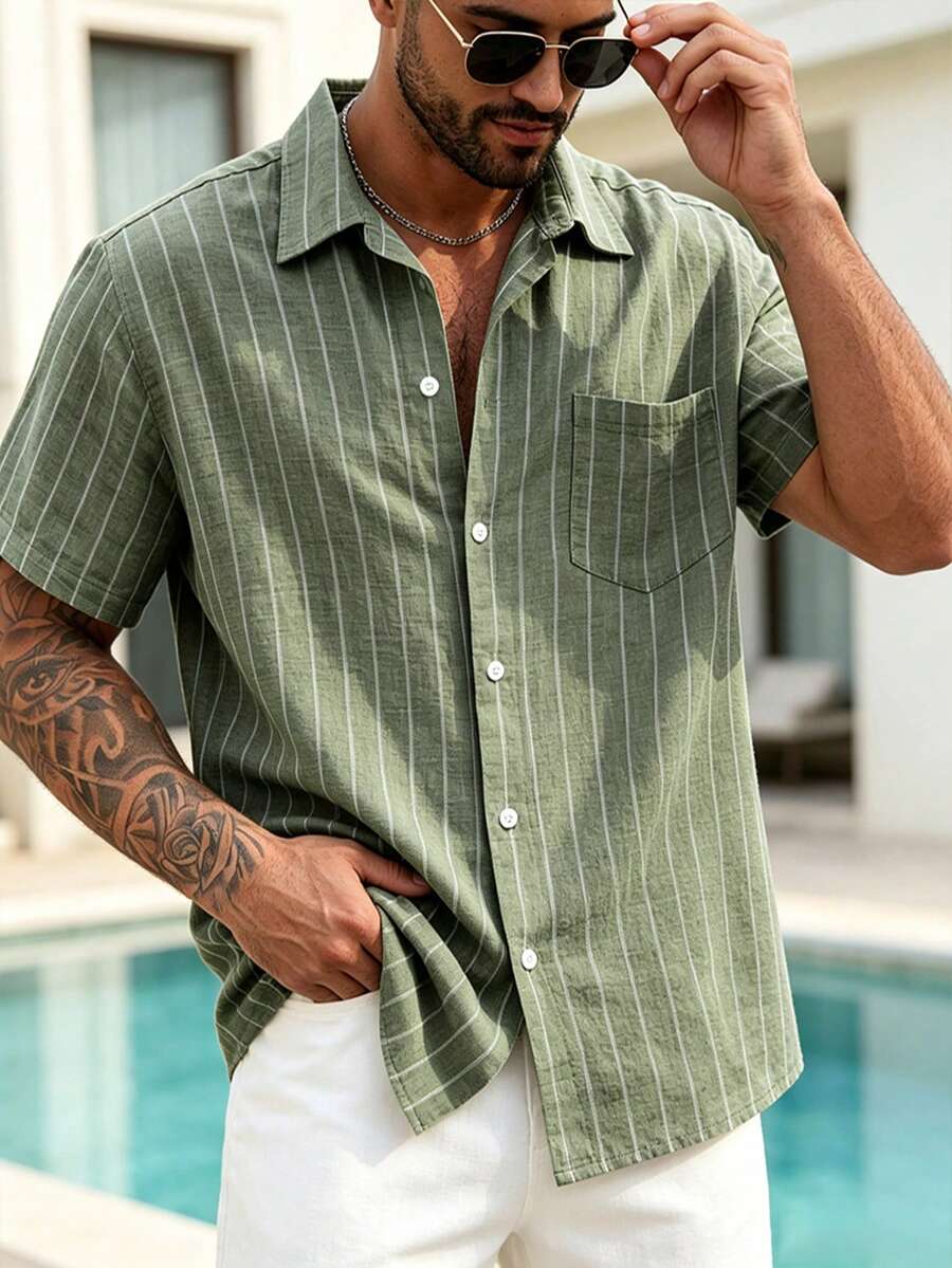 1pc Men's Summer Casual Striped Shirt, Green Linen Blend Short Sleeve Button-Down Shirt, Suitable For Summer Beach Vacation, Daily Commute And Weekend Street Wear, Men's Versatile Striped Shirt, Essential Fashion Item For Men, Practical Gift For Men - Army Green - View 1
