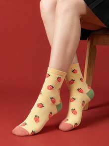 1 Pair Women's Mid-Calf Socks, Unisex Couple Socks, All-Season Regular Thickness, Cute Jacquard Casual Light Sports Socks, Fashionable Versatile Colorful Food Animal Vegetable Pattern - Multicolor - View 6