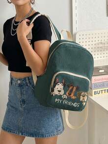 1 Piece Backpack, Women's Mini Backpack, Corduroy Girl School Bag, Travel Storage Bag, Puppy Printed Design, Large‑Capacity Foldable Easy‑To‑Store Bag, Lightweight & Pressure‑Relieving, Multi‑Pocket Layered Design With Zipper Closure - Cartoon Puppy 21175 - View 3