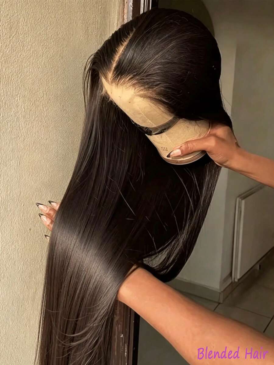 20 Inch 13*4 Brazilian Blend Hair Wig, 200% Density Natural Black Straight Hair, HD Transparent Lace Front Hairline Wig With Baby Hair, Pre-Plucked Hairline, Glue-Free Blend Hair, Easy To Wear, Suitable For Daily Wear, Natural Hairline, Soft, Halloween