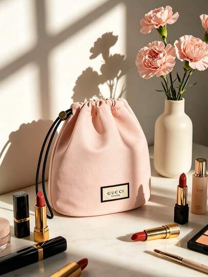Soft Pink Drawstring Makeup Storage Bag, Fabric Portable Large Capacity, Dust-Proof Drawstring Design, Can Store Various Makeup Items, Suitable For Commuting, Shopping, Travel, Business Trip, Home And Other Multiple Scenarios, Practical For Personal Use, Suitable For Birthday, Festival, Best Friend Gift, Souvenir, GUCCI