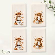 2/4/6pcs Highland Cow Autumn Theme Printed Kitchen Napkins, Cute Hand-Drawn Style, Soft And Easy To Clean, Highland Cow, Pumpkin, Maple Leaf And Fun Bathroom Patterns, Home Decor, Autumn Home Gift, Suitable For Bathroom Decor, Kitchen Decor, Kitchen Accessories - Multicolor - View 10