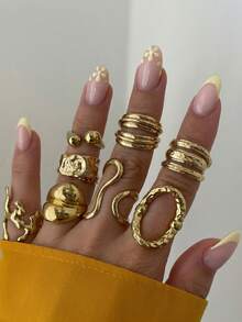 Set Cincin 8 Buah Multi-Layer Stackable Fashion Minimalis Elegan Desain Vintage Indah Pita Geometris Bulat Berongga Manik-manik Tekstur Lipit Asimetris Salib Multi-Layer Dipoles Minimalis Polos Lebar Tebal, Hadiah Liburan Pesta Kencan, Pakaian Sehari-hari - Yellow Gold - View 3