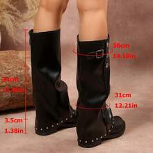 Women's Autumn/Winter Faux Leather Slouch Knee-High Boots, Y2K Punk Street Style Western Tall Boots With Metal Rivets, Buckle Detail, Low Heel Slip-On - Black - View 8