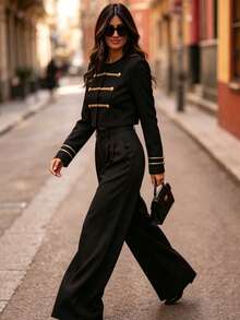 Solstice Apparel Women's Black Crew Neck Cropped Blazer, Vintage Gold Trim Military Style Jacket - Black - View 6