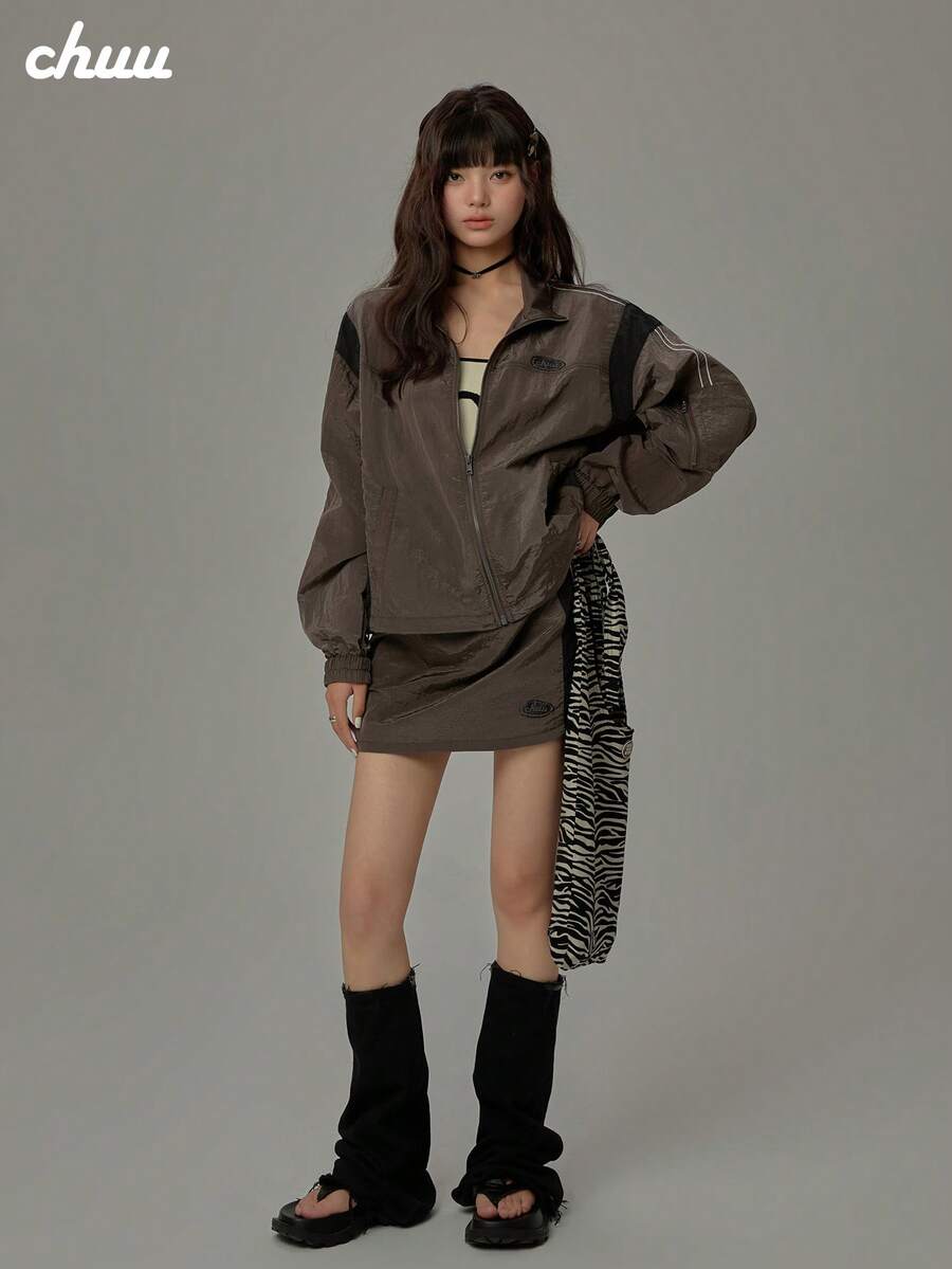 CHUU Letter Print Long Sleeve Jacket Women's Autumn Colorblock Patchwork Drawstring Loose Fit Jacket Top - Coffee Brown - View 1