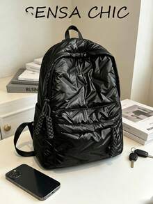 Mochila clásica de moda para estudiantes, nuevo estilo universitario elegante, diseño de patrón de rombos de unicolor, mochila de gran capacidad con múltiples bolsillos, adecuada para viajes y vacaciones, opción ideal para uso en el campus durante las clases. Viajes de corta distancia - Negro - Ver 3