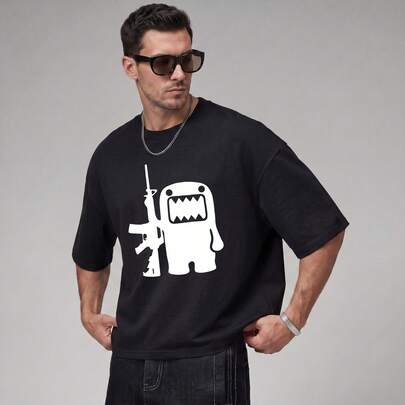 Cartoon Monster Graphic Men Crew Neck T‑Shirt, Relaxed Fit Short Sleeve Streetwear Tee