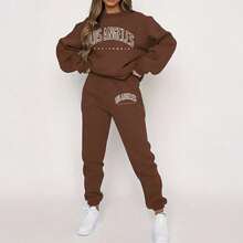 New European And American Style Los Angeles Letter Print Dark Blue Women's Sweatshirt Set, Suitable For Autumn And Winter - Brown - View 7