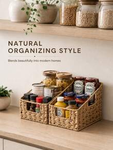 2 Pieces Detachable Trapezoid Woven Storage Basket Set With Cutout Handles, Waterproof Paper Rattan Large-Capacity Organizer Bins For Snacks, Toiletries, Pantry, Kitchen, Bathroom, Closet And Shelf - Multicolor - View 7