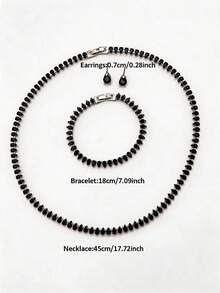 Black Emerald Cut Jewelry Set Necklace Bracelet Earrings - Black - View 8