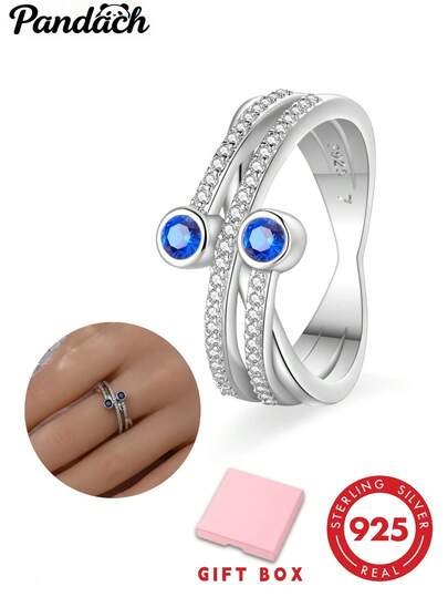 1 Stück S925 Sterling Silber Doppelter blauer Zirkonia verdrehter Ring, Doppelschicht-Band mit Pave weißen Diamanten, ineinander verschlungenes schlankes Design, exquisite Luxus, Damen Mode Ring, geeignet für den täglichen Gebrauch und als Geschenk, kommt mit eleganter Geschenkbox
