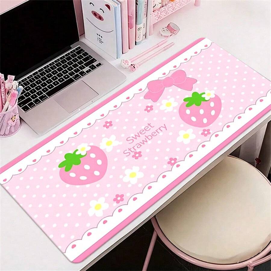 1 buah Karpet Meja Kulit Motif Bunga Bulan dan Stroberi Merah Muda Gaya Y2K yang Lucu dengan Pengait, Alas Meja PU Tahan Air dan Anti Selip untuk Meja Kantor - View 1
