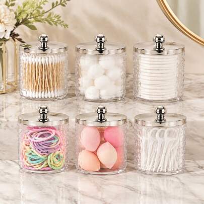 6pcs Plastic Pharmacy Style Storage Jars With Silver Lids, Bathroom Storage Boxes For Cotton Swabs, Cotton Balls, Makeup Pads, Dental Floss And Daily Small Items, Vanity Organizer, Home Decor,Makeup Organizer,Room Decor