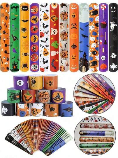 48/24/12pcs Halloween Slap Bracelets, Halloween Party Favor Snap Bracelets, Birthday Giveaways, Party Decorations, Classroom Exchanges, Prizes And Gift Bag Fillers, Etc.