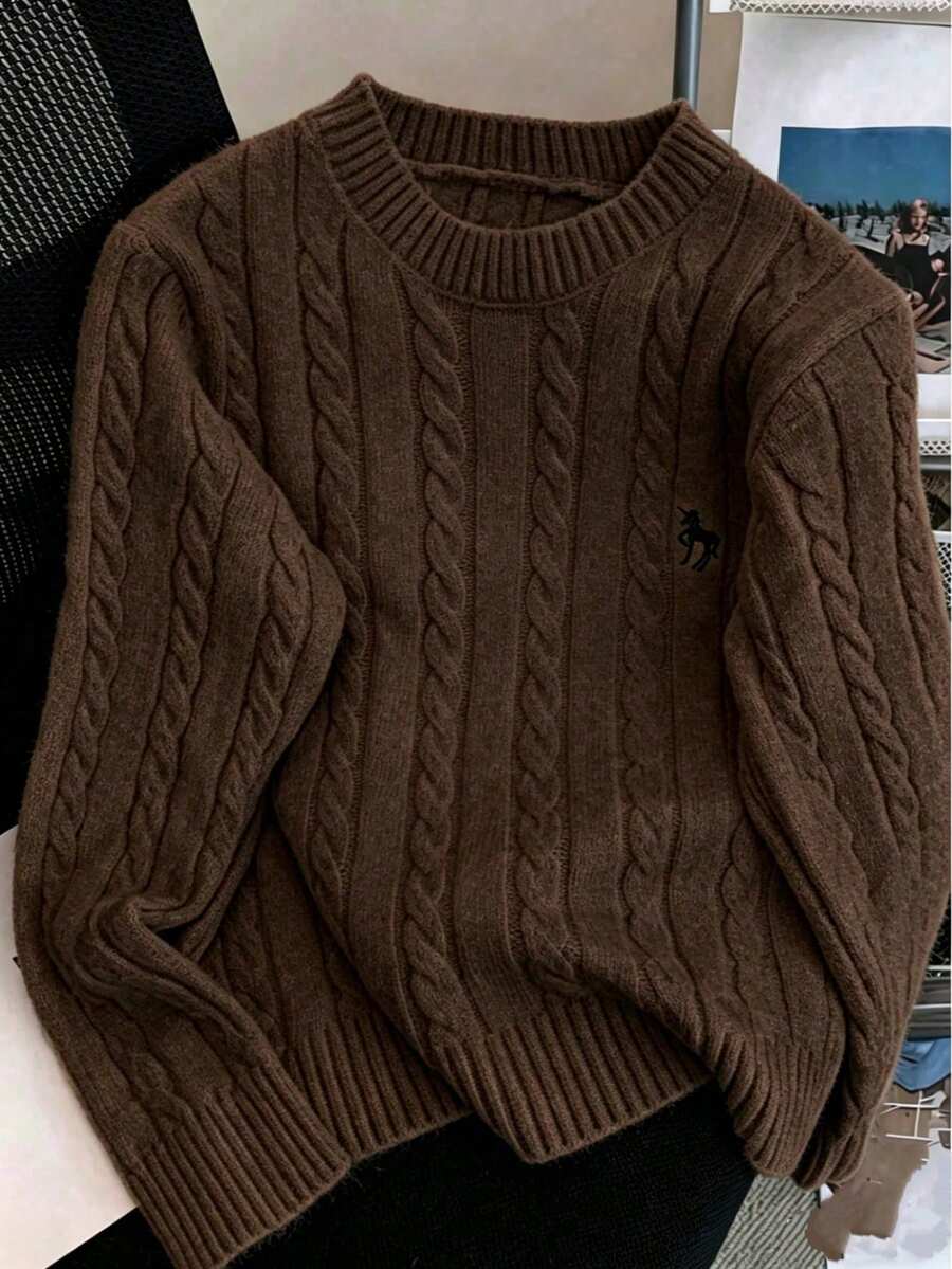 Autumn/Winter Embroidered Crew Neck Cable Knit Sweater, Loose Fit Cardigan Knitwear For Women Fall - Brown - View 1
