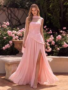 UNITHORSE Women's Pleated Cinching Waist Jacquard Chiffon Evening Dress - Pink - View 2