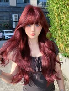 alicegarden 28-Inch Long Synthetic Wig Featuring A Natural Wavy Style In A A Stunning Burgundy. Designed With Bangs , This False Hairpiece Is Perfect For Ms Daily Party Cosplay Use, Offering A Natural And Natural Durable Wig Gift For Ladies., Halloween - Burgundy - View 4