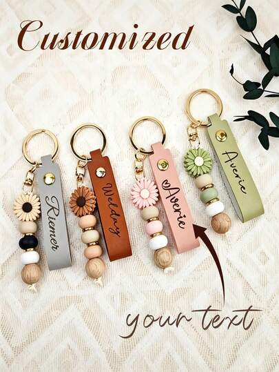 Custom Daisy Keychain, Custom Daisy Bead Keychain, Name And Floral Pendant, Soft Tone Gold Beads, Lobster Clasp, Christmas, Valentine's Day Gift