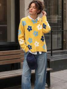 Women's Floral Print Ribbed Knit Pullover Sweater, Long Sleeve, Medium Stretch, Suitable For Autumn/Winter, Casual Fashion Autumn Style - Yellow - View 6