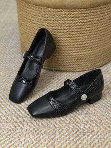 Women's Colorblock Handmade Low Heel Slip-On Shoes, Super Soft Leather Shoes With Chunky Heel, Comfortable All-Season Footwear - Black - View 2