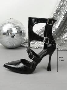 Women's Pointed Toe Black Hollow Out High Heel Ankle Boots, Multi-Buckle Lace-Up Backless High Heel Boots, Party Dress Boots - Black - View 3
