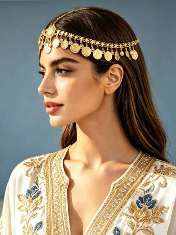 1 Piece Gold Plated Women's Head Chain, Vintage Palace Style Rhinestone Inlaid Forehead Ornament, Hollow Carved Coin Tassel Forehead Ornament
