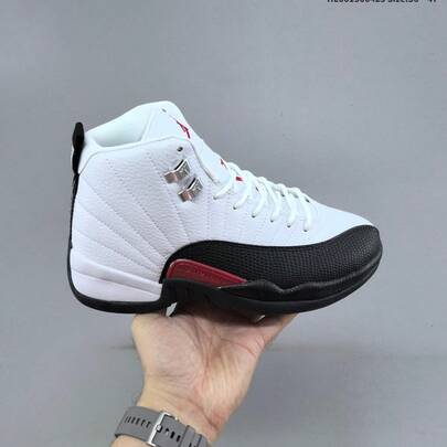 Air Jordan12 Retro High High‑Top Retro Basketball Shoes, White Pebbled Faux Leather Black Toe Red Accent Silver Buckle Street Sneakers