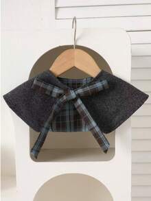 Young Girls Autumn/Winter Vintage Reversible Wool Blend Heart Pocket Crew Neck Jacket + Detachable Large Lapel Plaid Bow Tie Casual Jacket - Grey - View 9
