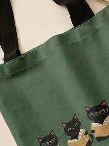 1pc Reading Black Cat Print Shoulder Tote,Large Capacity For Books,Groceries & Daily Beach Travel School Use.For Students, Great Daily Bag Or Gift - Multicolor - View 6