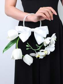 1pc Bohemian Style Satin Bow Ring Bridal Bouquet, Gentle & Elegant - White - View 6