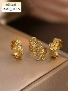 RAYQUEEN 3PCS Stainless Steel Fashion Hollow Flower Design 4-Opening Ring Set Decorative Jewelry For Women, Suitable For Daily Wear - Gold - View 1