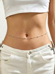 1PC Silver Spaced Bead Waist Chain, Minimalist Single Body Chain, Women's Summer Jeans Vacation Outfit Accessory - Silver - View 1