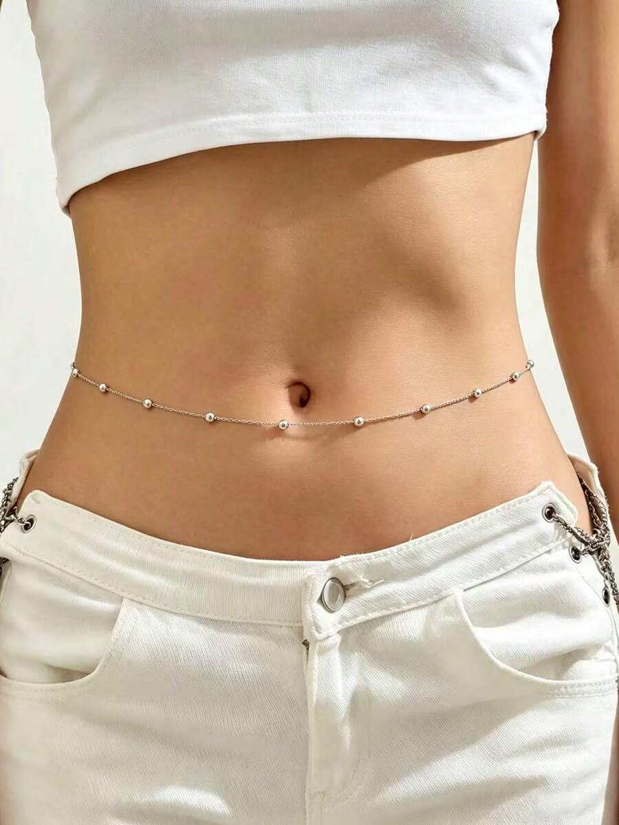 1PC Silver Spaced Bead Waist Chain, Minimalist Single Body Chain, Women's Summer Jeans Vacation Outfit Accessory - Silver - View 1