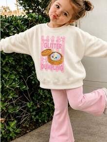 Young Girls 1pc Thick Warm Printed Crew Neck Sweatshirt, Young Girls Autumn/Winter Long Sleeve Top For Students - Apricot - View 1