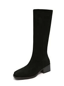 Women's New Autumn/Winter Fashion Knee-High Boots With Side Zipper, Soft Elastic Material, Leg-Flattering Western Style, Chunky Heel, Square Toe, Comfortable Classic Boots For Holiday Parties And Outdoor - Black - View 7