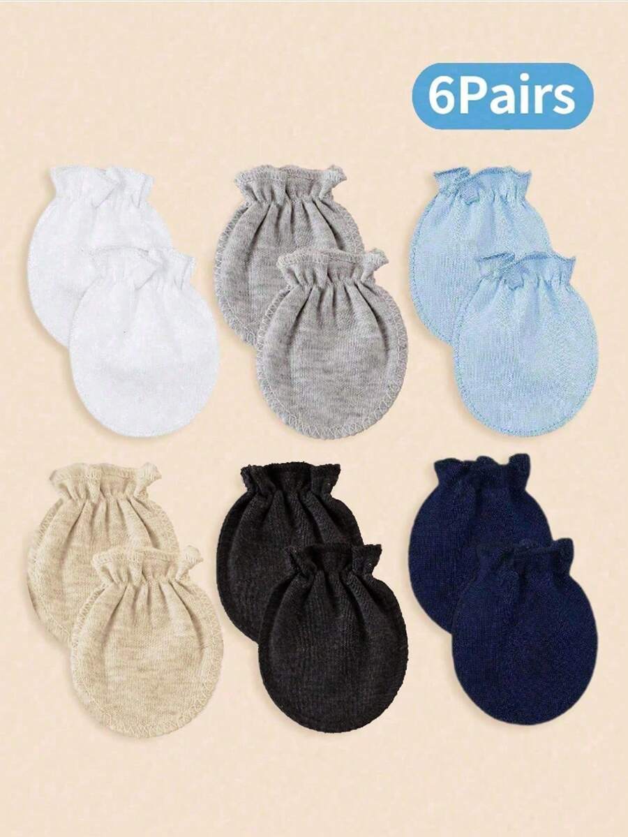6/4/1 Pair Solid Color Newborn Baby Gloves, All-Season Anti-Scratch Infant Accessories, Soft And Skin-Friendly, Full Finger Design, Suitable For Baby Boys - Multicolor - View 1