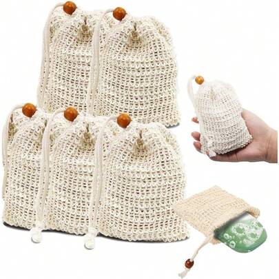 5 X Filet à savon avec cordon de séchage, sac à savon en coton durable 14 X 9 cm, effet moussant, de massage et d'exfoliation pour savon unicolore & shampoing unicolore